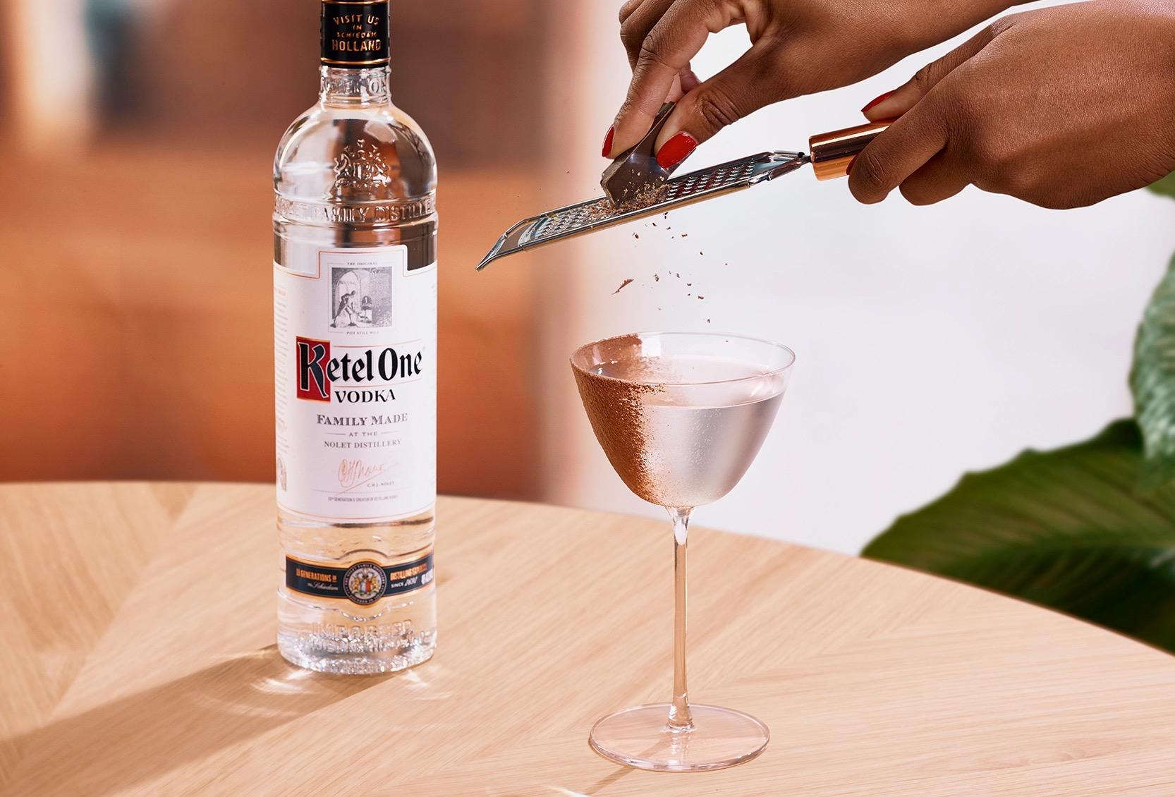 Ketel One Chocolate Martini in Coupe Glass with hand grating chocolate 